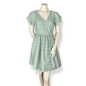 Handmade Wrap Dress Green Metallic Tulip Sleeves Twee Pockets Gathered Skirt‎